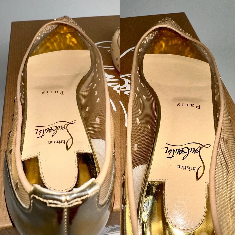 CHRISTIAN LOUBOUTIN Follies Strass Gold Crystal Pointed Toe Ballerina Flats 38 - Picture 14 of 16
